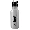 Water bottle Silver with straw, stainless steel 600ml