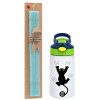 Easter Set, Children's thermal stainless steel bottle with safety straw, green/blue (350ml) & aromatic flat Easter candle (30cm) (TURQUOISE)