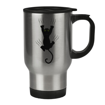 cat grabbing, Stainless steel travel mug with lid, double wall 450ml