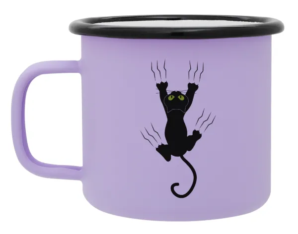 cat grabbing — Metal enamel mug, matte light pastel purple, 360ml