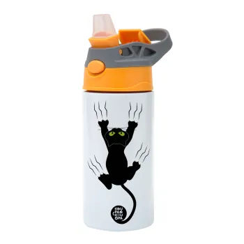 Γατούλα γρατζουνιά, Παιδικό παγούρι θερμό, ανοξείδωτο, με καλαμάκι ασφαλείας, Πορτοκαλί/Γκρι (360ml) BPA-FREE