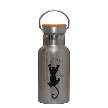 cat grabbing, Stainless steel metallic thermos flask, silver with a bamboo lid, double-walled, 350ml.