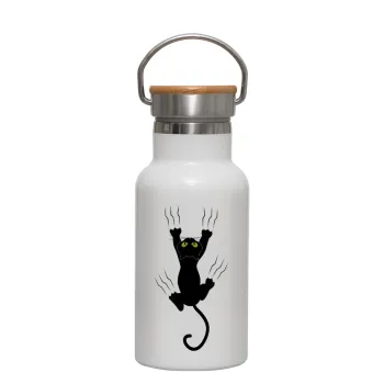 cat grabbing, Metallic thermos (Stainless steel) White with wooden lid (bamboo), double-walled, 350ml