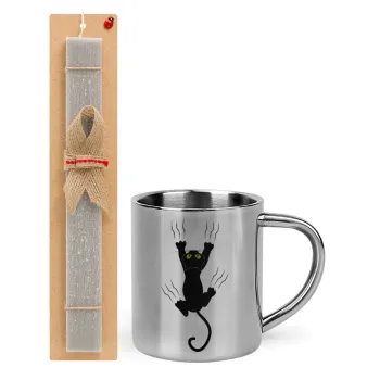 cat grabbing, Easter Set, metallic thermal cup (300ml) & Easter aromatic flat candle (30cm) (GRAY)