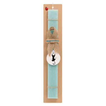 cat grabbing, Easter Set, wooden keychain & aromatic flat Easter candle (30cm) (TURQUOISE)