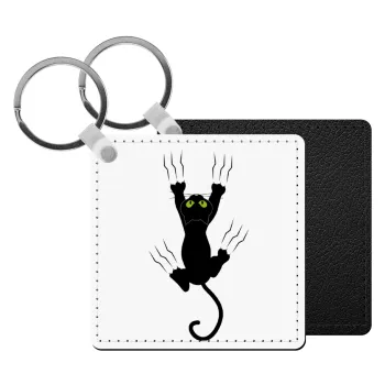 Γατούλα γρατζουνιά, Μπρελόκ Δερματίνη, τετράγωνο ΜΑΥΡΟ (5x5cm)