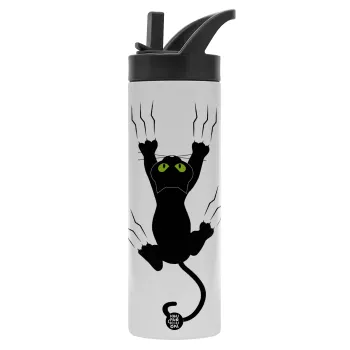 cat grabbing, Metallic thermos bottle with straw & handle, stainless steel (Stainless steel 304), double-walled, 600ml.