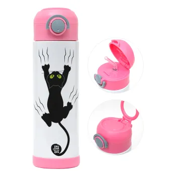 cat grabbing, Children's hot water bottle, stainless steel, with safety straw, PINK (500ml)