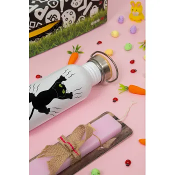 Γατούλα γρατζουνιά, Πασχαλινή Λαμπάδα με παγούρι μεταλλικό (620ml, stainless steel) & κερί αρωματικό πλακέ (30cm) (ΡΟΖ)