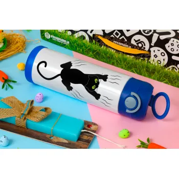 cat grabbing, Easter candle, Childrens hot water bottle, stainless steel, with safety straw, BLUE (500ml)