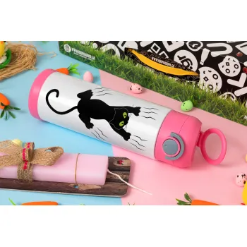 cat grabbing, Easter candle, Childrens hot water bottle, stainless steel, with safety straw, PINK (500ml)