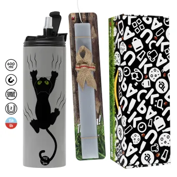 Γατούλα γρατζουνιά, Πασχαλινή Λαμπάδα με Travel Tumbler θερμό (600ml, BPA free) & κερί αρωματικό πλακέ (30cm) (ΓΚΡΙ)