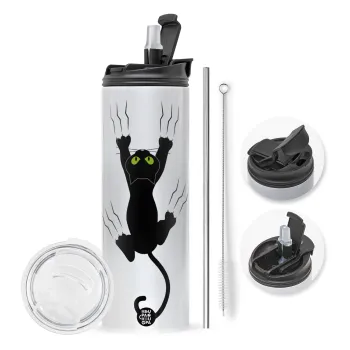 Γατούλα γρατζουνιά, Travel Tumbler θερμό με διπλό καπάκι, μεταλλικό καλαμάκι και βούρτσα καθαρισμού (Ανωξείδωτο 304 Food grade, BPA free, 600ml)