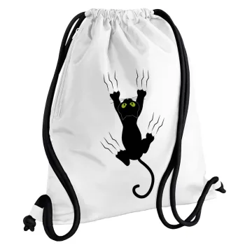 cat grabbing, Backpack pouch GYMBAG white, with pocket (40x48cm) & thick cords