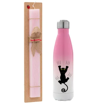 cat grabbing, Easter Set, Metallic pink/white (Stainless steel) thermos, double-walled, 500ml & aromatic flat Easter candle (30cm) (PINK)