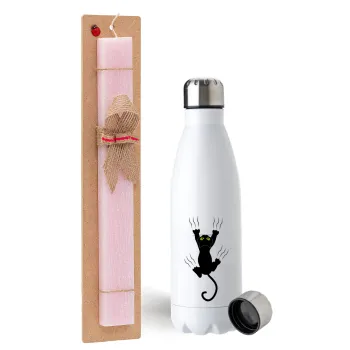 cat grabbing, Easter Set, metallic stainless steel water bottle (750ml) & scented flat Easter candle (30cm) (PINK)