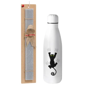 cat grabbing, Easter Set, metallic stainless thermos bottle (500ml) & scented flat Easter candle (30cm) (GRAY)