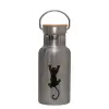 Stainless steel metallic thermos flask, silver with a bamboo lid, double-walled, 350ml.