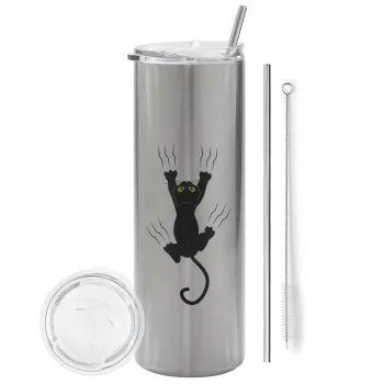 cat grabbing, Tumbler stainless steel Silver 600ml, with metal straw & cleaning brush
