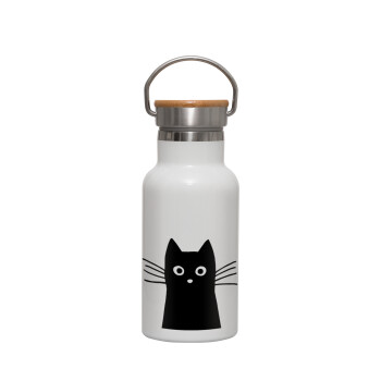 Μαύρη γάτα, Μεταλλικό παγούρι θερμός (Stainless steel) Λευκό με ξύλινο καπακι (bamboo), διπλού τοιχώματος, 350ml