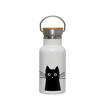 Black Cat, Metallic thermos (Stainless steel) White with wooden lid (bamboo), double-walled, 350ml
