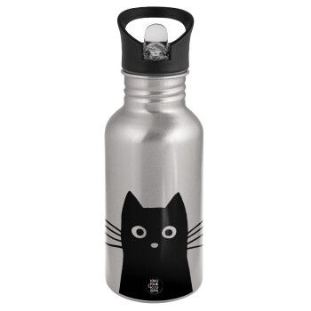 Black Cat, Water bottle Silver with straw, stainless steel 500ml