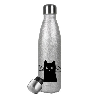 Μαύρη γάτα, Μεταλλικό παγούρι θερμός Glitter Aσημένιο (Stainless steel), διπλού τοιχώματος, 500ml