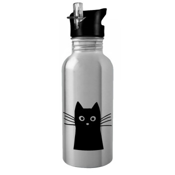 Black Cat, Water bottle Silver with straw, stainless steel 600ml