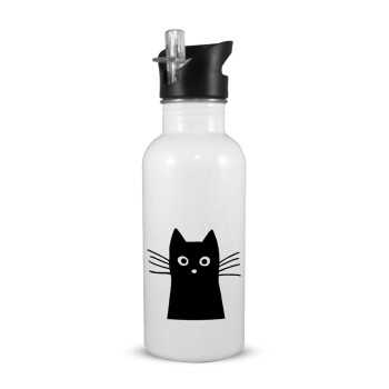 Black Cat, White water bottle with straw, stainless steel 600ml