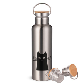Black Cat, Stainless steel Silver with wooden lid (bamboo), double wall, 750ml