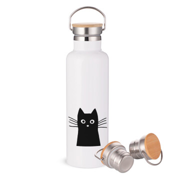 Black Cat, Stainless steel White with wooden lid (bamboo), double wall, 750ml