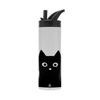 Μαύρη γάτα, Μεταλλικό παγούρι θερμός με καλαμάκι & χειρολαβή, ανοξείδωτο ατσάλι (Stainless steel 304), διπλού τοιχώματος, 600ml