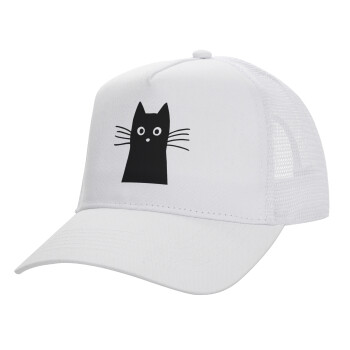 Black Cat, Structured Trucker Adult Hat, with Mesh, WHITE (100% COTTON, ADULT, UNISEX, ONE SIZE)