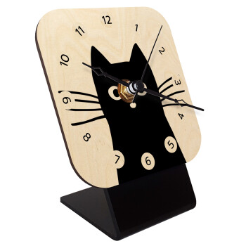 Black Cat, Quartz Table clock in natural wood (10cm)