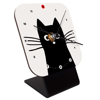 Black Cat, Quartz Wooden table clock with hands (10cm)