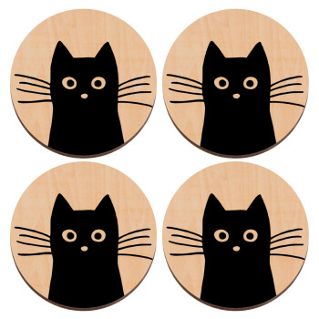 Μαύρη γάτα, ΣΕΤ x4 Σουβέρ ξύλινα στρογγυλά plywood (9cm)