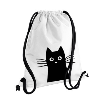 Black Cat, Backpack pouch GYMBAG white, with pocket (40x48cm) & thick cords