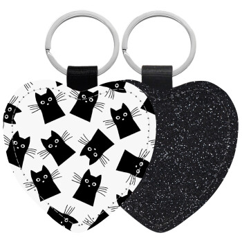 Μαύρη γάτα, Μπρελόκ PU δερμάτινο glitter καρδιά ΜΑΥΡΟ
