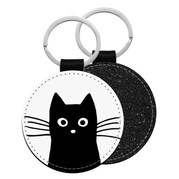 Μαύρη γάτα, Μπρελόκ Δερματίνη, στρογγυλό ΜΑΥΡΟ (5cm)