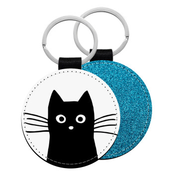 Μαύρη γάτα, Μπρελόκ Δερματίνη, στρογγυλό ΜΠΛΕ (5cm)