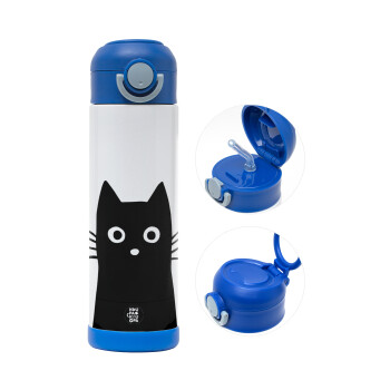 Black Cat, Children's hot water bottle, stainless steel, with safety straw, BLUE (500ml)