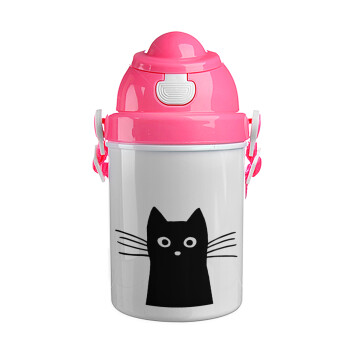 Μαύρη γάτα, Ροζ παιδικό παγούρι πλαστικό (BPA-FREE) με καπάκι ασφαλείας, κορδόνι και καλαμάκι, 400ml