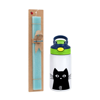Μαύρη γάτα, Πασχαλινό Σετ, Παιδικό παγούρι θερμό, ανοξείδωτο, με καλαμάκι ασφαλείας, πράσινο/μπλε (350ml) & πασχαλινή λαμπάδα αρωματική πλακέ (30cm) (ΤΙΡΚΟΥΑΖ)
