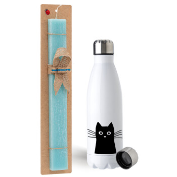 Black Cat, Easter Set, metallic stainless steel water bottle (750ml) & aromatic flat Easter candle (30cm) (TURQUOISE)