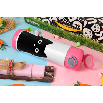 Black Cat, Easter candle, Childrens hot water bottle, stainless steel, with safety straw, PINK (500ml)