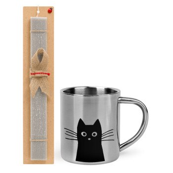 Black Cat, Easter Set, metallic thermal cup (300ml) & Easter aromatic flat candle (30cm) (GRAY)