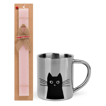 Black Cat, Easter Set, metallic thermal cup (300ml) & aromatic flat Easter candle (30cm) (PINK)