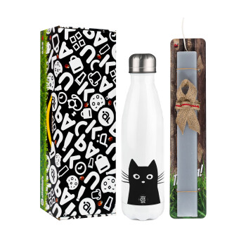 Black Cat, Easter candle, metallic white thermos bottle (500ml) & aromatic flat candle (30cm) (GRAY)