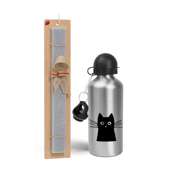 Black Cat, Easter Set, metallic silver aluminum water bottle (500ml) & aromatic flat Easter candle (30cm) (GRAY)
