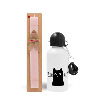 Μαύρη γάτα, Πασχαλινό Σετ, παγούρι μεταλλικό αλουμινίου (500ml) & πασχαλινή λαμπάδα αρωματική πλακέ (30cm) (ΡΟΖ)